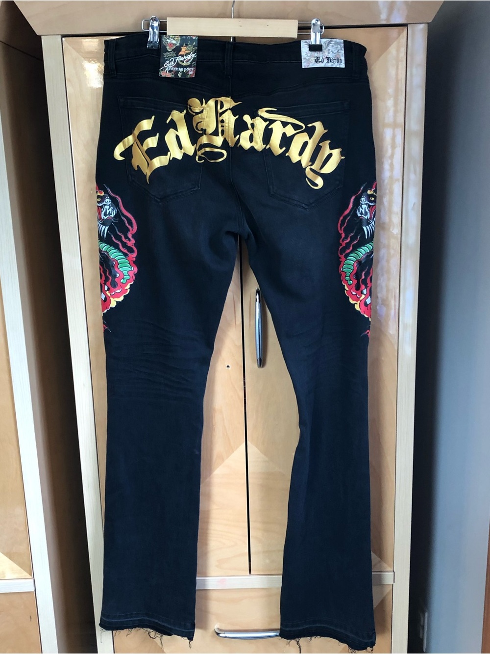 Ed Hardy Stacked Boot Stretch Jeans Cobra Flame Black Wash Sz 36x34 new